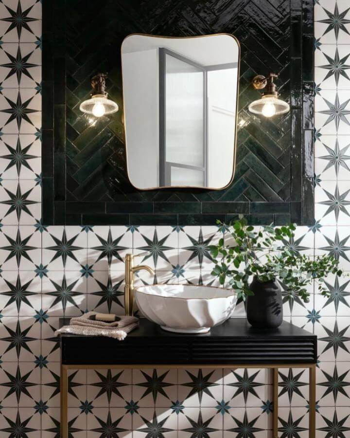 dark green powder room featuring glossy tiles, geometric patterns, brass accents, and natural greenery from @londonbasincompany creating a dramatic yet inviting space