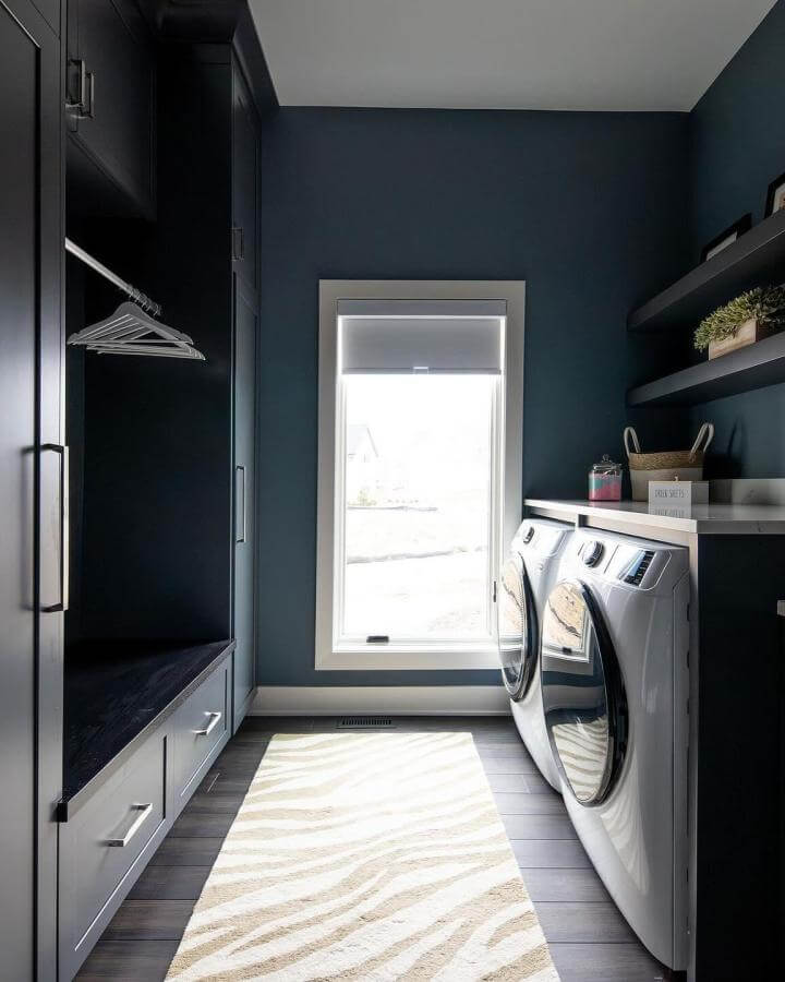 Dark navy matte cabinets in laundry room by @lindseyputzier with sleek appliances and light zebra-striped rug for dark laundry room ideas.
