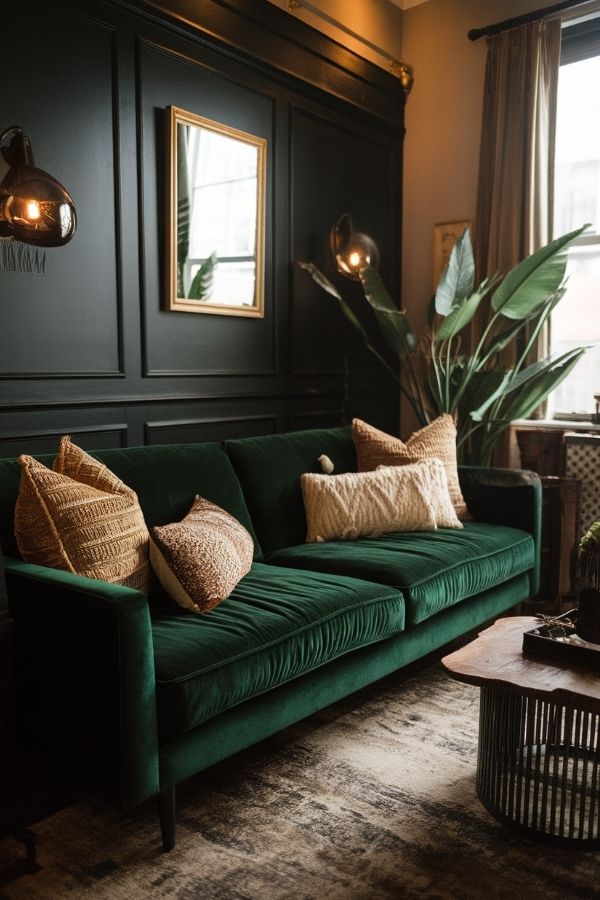 Dark moody boho living room with patterned rugs and plants.