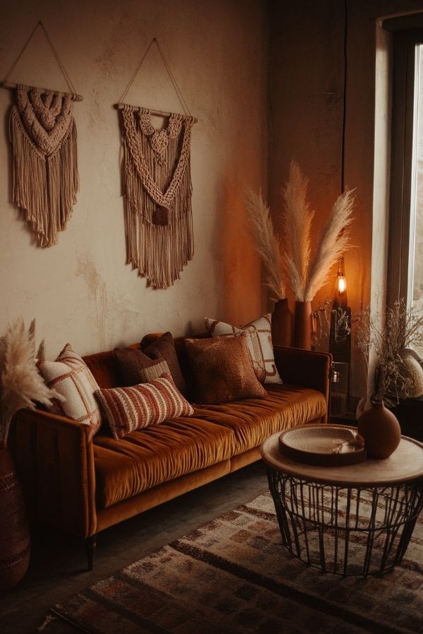 Dark moody boho living room with dim lighting, eclectic decor, and plush textiles.