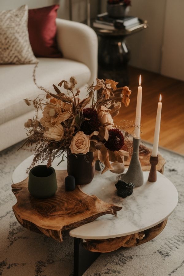 Dark moody boho living room with cozy textiles and dim lighting.