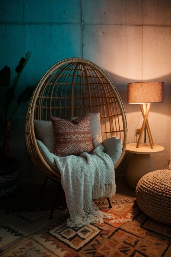 Dark moody boho living room with vintage furniture and lush plants.