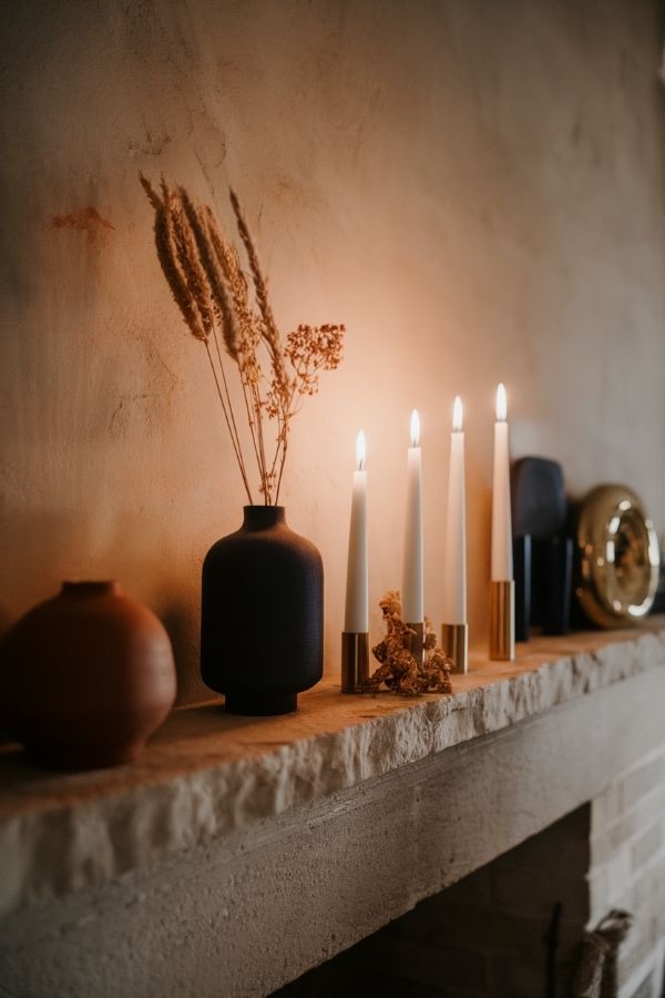 Dark, moody boho living room, featuring eclectic decor and lush plants.