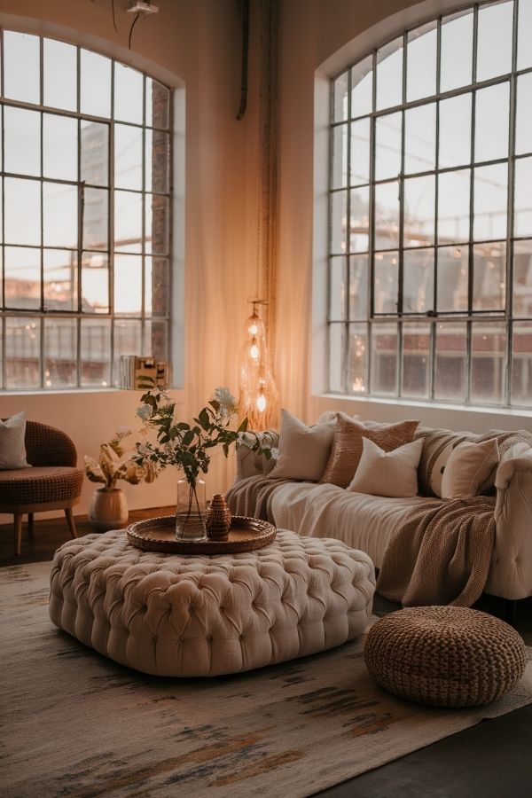 Dark moody boho living room with eclectic decor and patterned textiles.