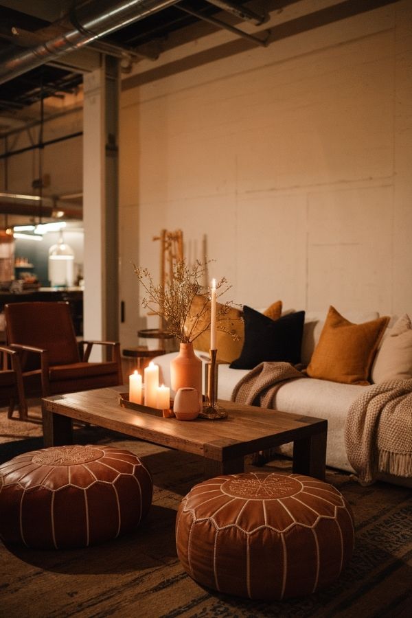 Dark moody boho living room with textured rugs and vibrant cushions.