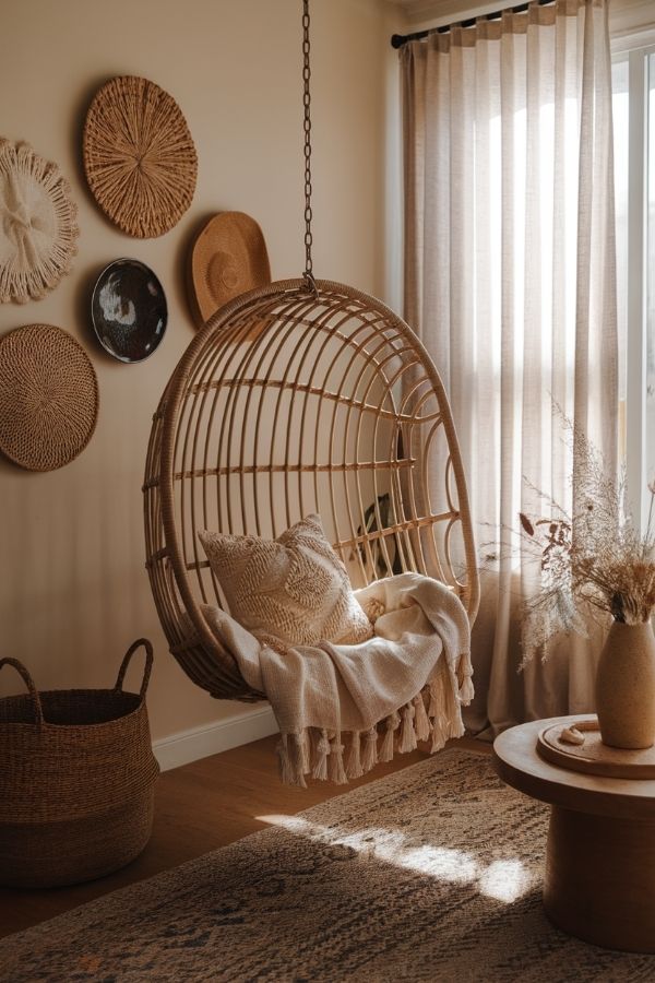 Dark moody boho living room with earthy tones and eclectic decor.