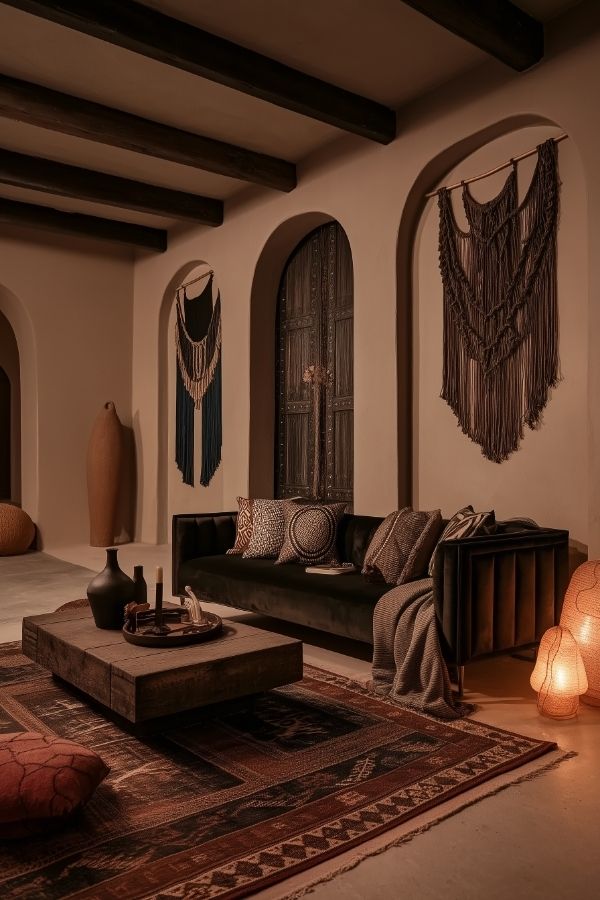 dark moody boho living room with layered textures and warm lighting.