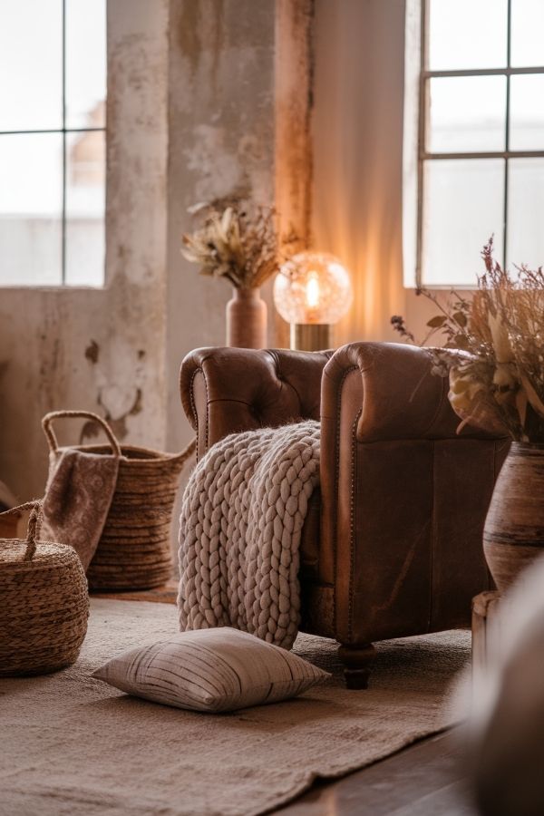 Dark moody boho living room with earthy tones and layered textures.