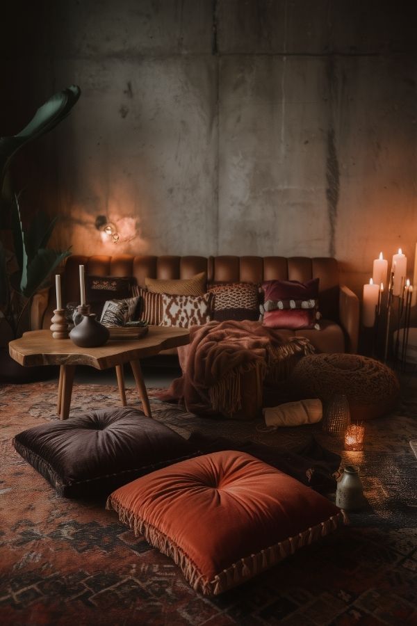 Dark moody boho living room with layered textiles, wooden accents, lush plants.