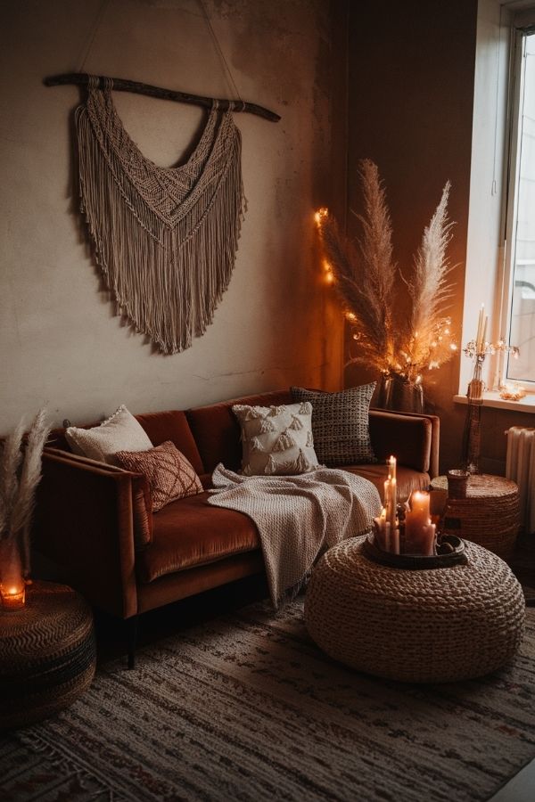 Dark moody boho living room with deep hues, vibrant textures, eclectic decor.