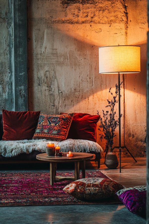 Dark moody boho living room with eclectic decor and lush plants.