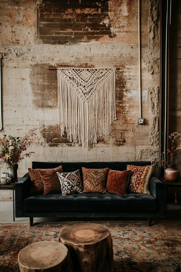 Dark moody boho living room: earthy tones, patterned textiles, cozy ambiance.