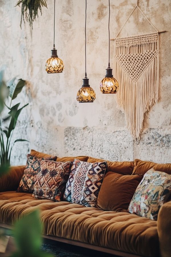 Dark moody boho living room with eclectic decor, layered textiles, and ambient lighting.