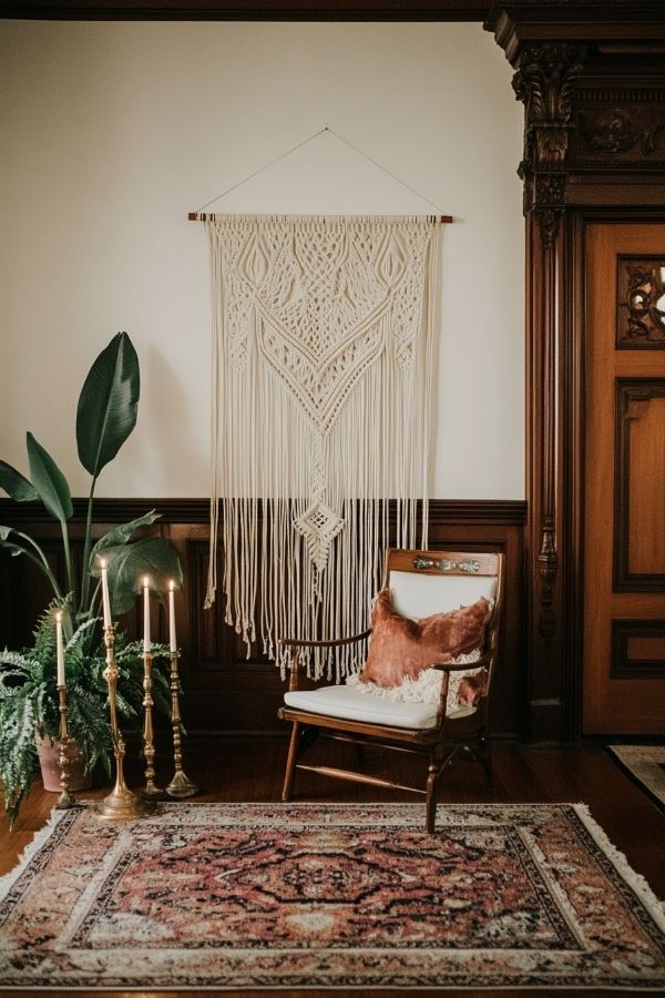 Dark moody boho living room with eclectic decor and cozy ambiance.