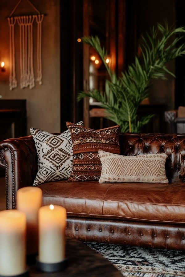 Dark moody boho living room with rich textures and eclectic decor.