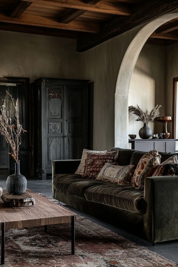 Dark moody boho living room with layered textiles, eclectic decor, and atmospheric lighting.