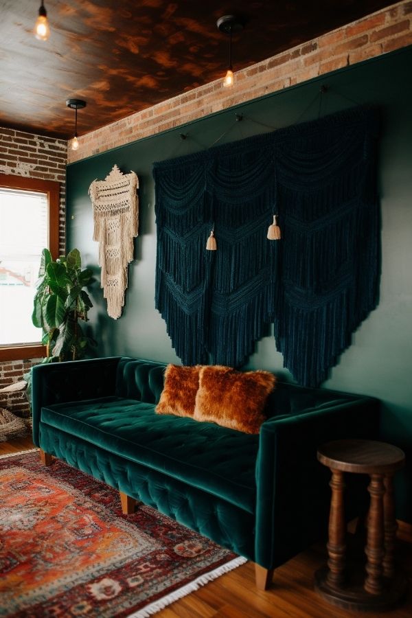 Dark moody boho living room with eclectic decor and layered textures.