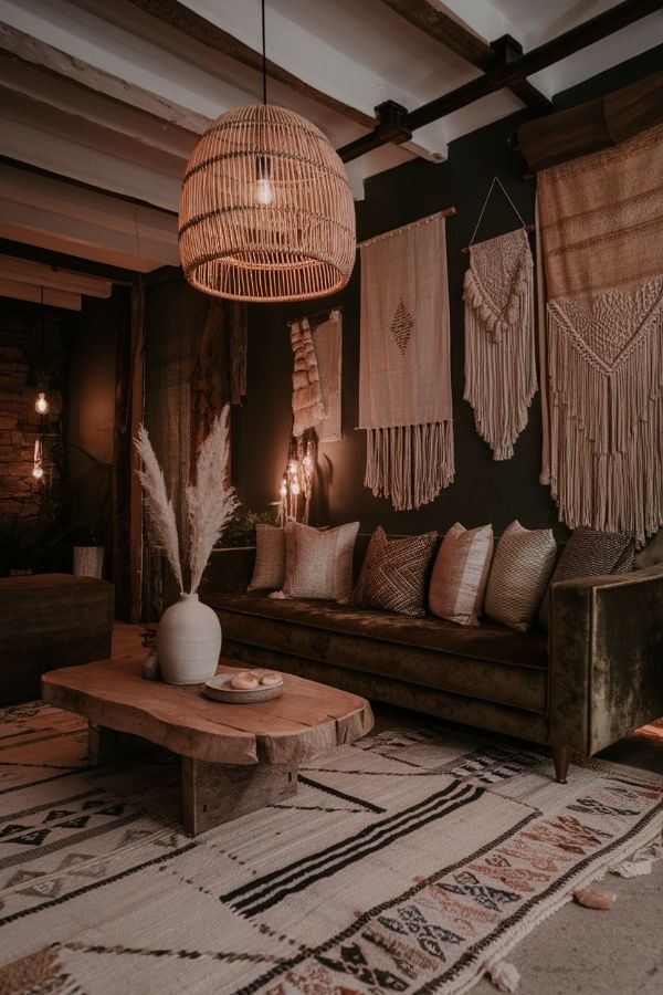 Dark moody boho living room with layered textiles and vintage decor.