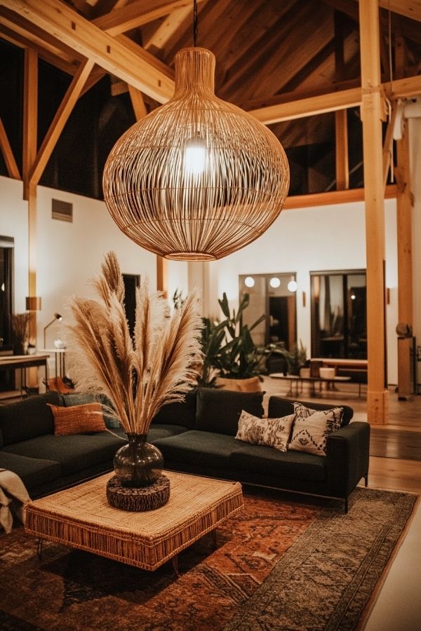 Dark moody boho living room featuring vintage furniture and rich textures.