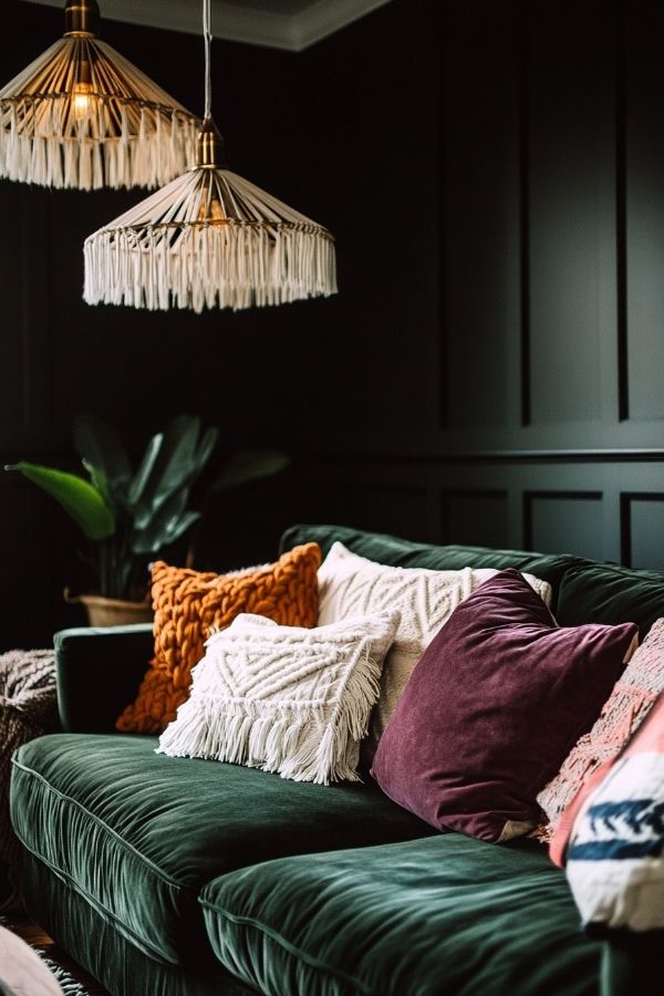 A cozy space with vintage furniture, woven textiles, and ambient lighting.