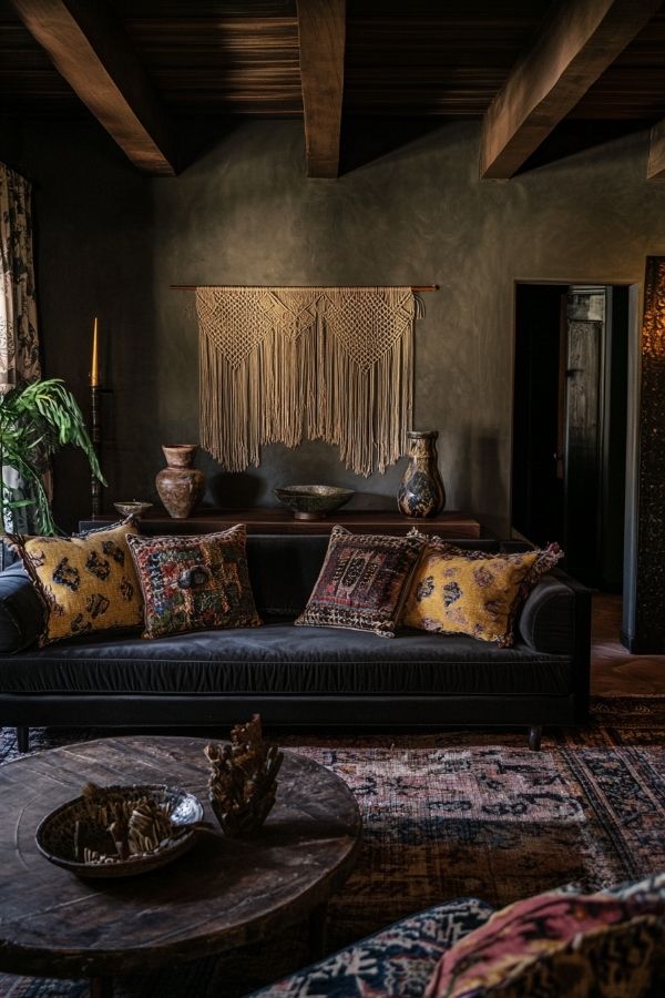 Dark moody boho living room with plush chairs, warm lighting.