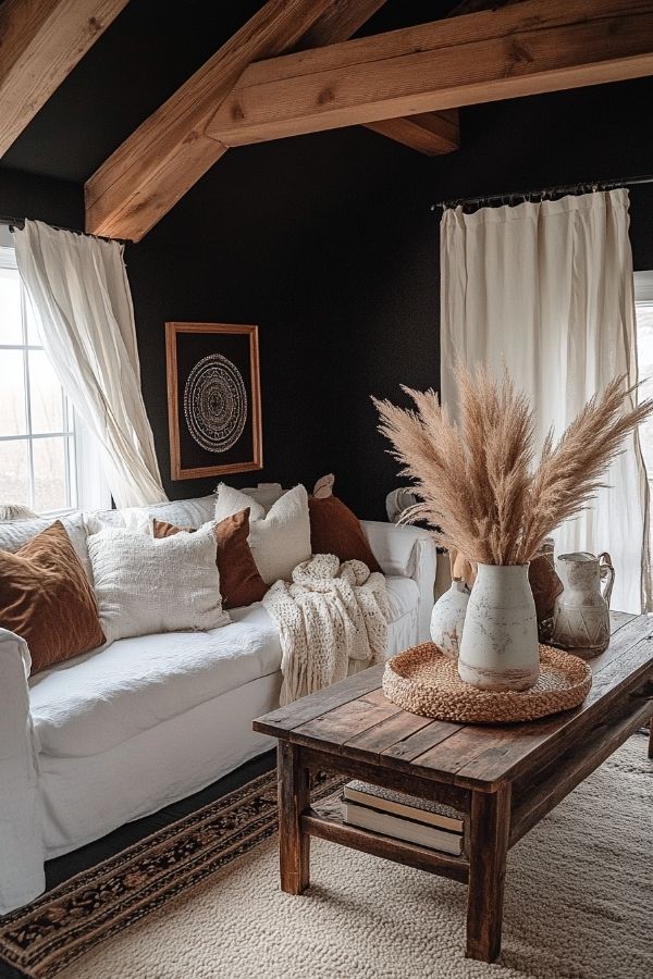 Dark moody boho living room with eclectic decor and warm tones.