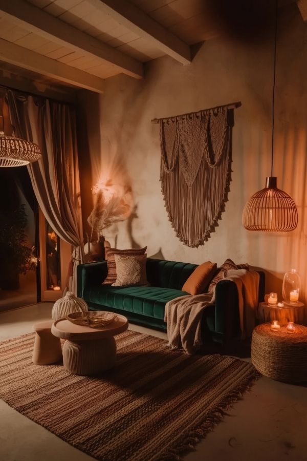 Dark moody boho living room with earthy tones, vintage decor, plants.