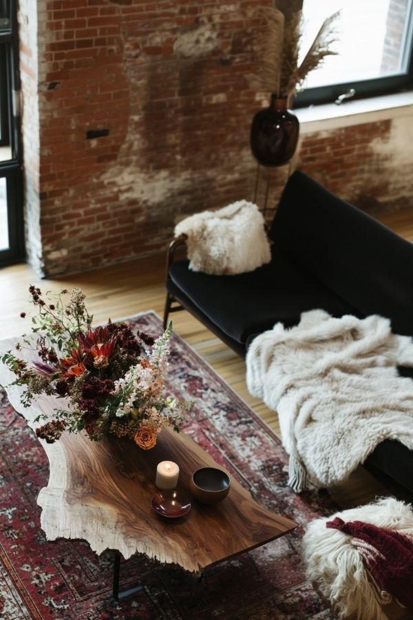 Dark moody boho living room with earthy tones and eclectic decor.