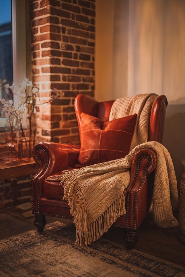 Dark moody boho living room with earthy tones and eclectic decor.