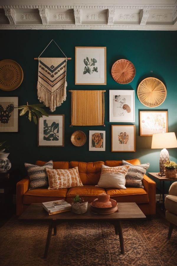 Dark moody boho living room with eclectic decor and vintage accents.