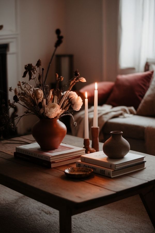 Dark moody boho living room with eclectic decor and textiles.