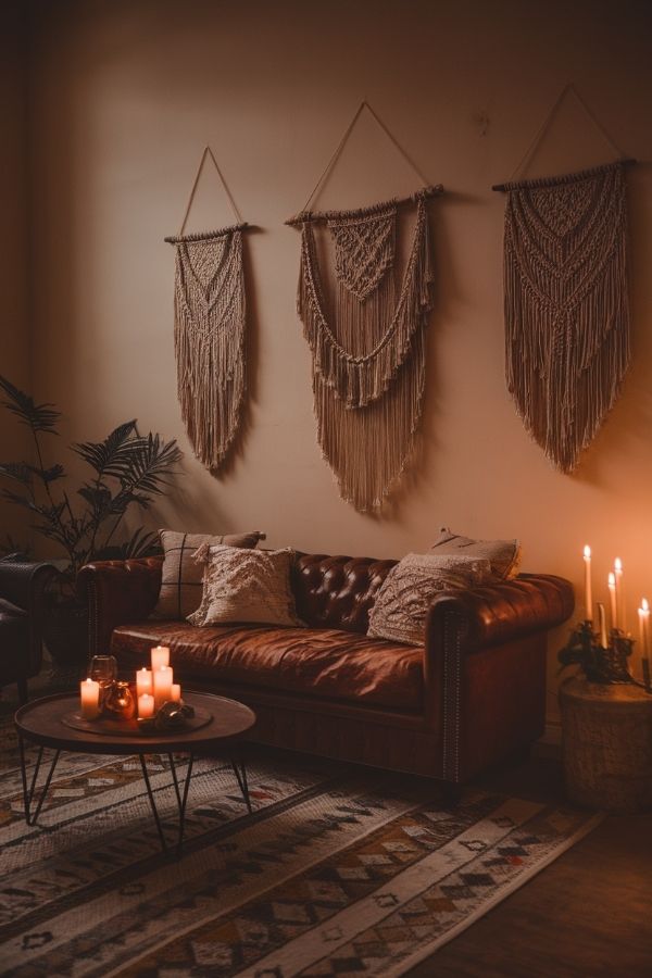 A cozy bohemian space with rich textures and moody tones.