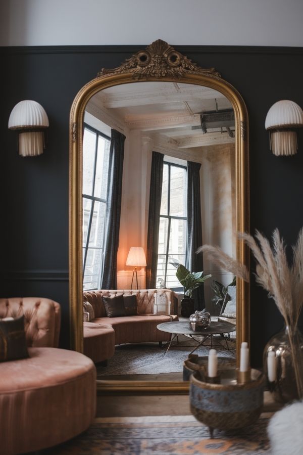 Dark moody boho living room with eclectic decor and cozy ambience.