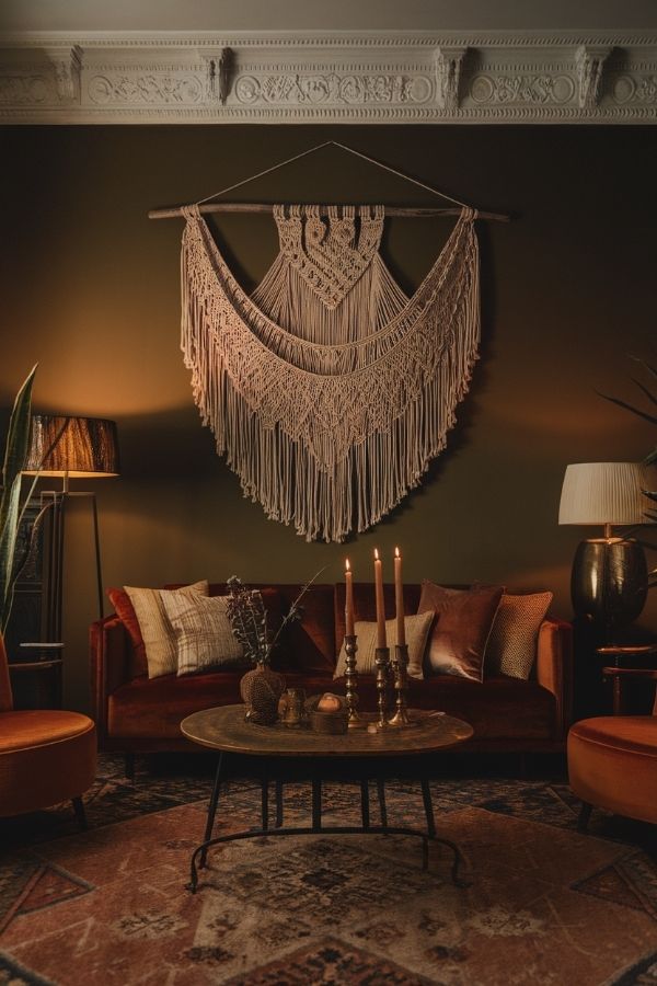 Dark moody boho living room with earthy tones and eclectic decor.