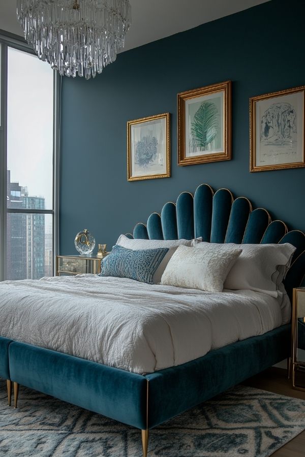 Vibrant teal adorned with elegant gold accents creates luxurious harmony.