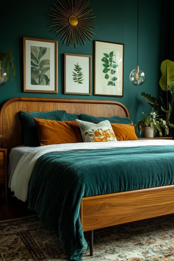 Teal mid-century modern decor: sleek lines, minimalist style, elegant ambiance.