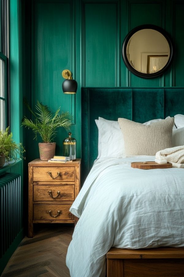 A room featuring classic green-teal walls complemented by natural wood.