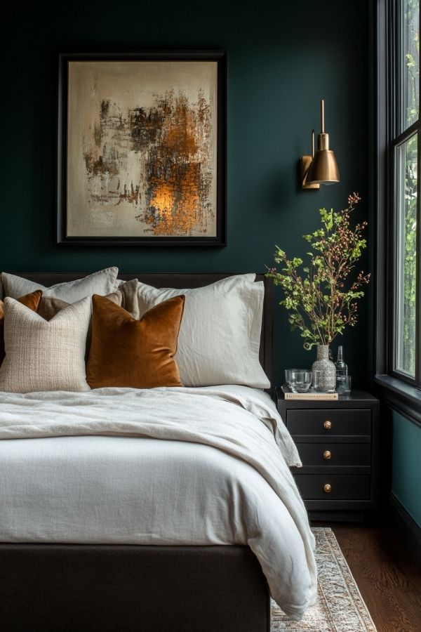 A cozy teal room with warm wooden accents and soft lighting.