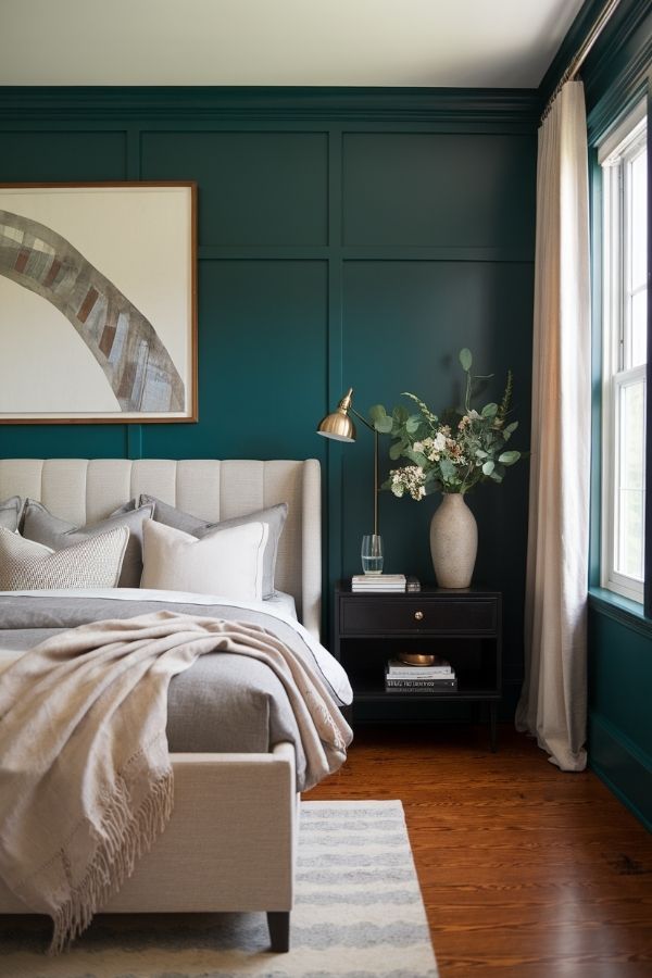 A stylish room featuring deep teal furniture and classic decor.