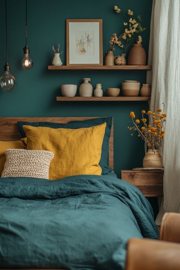 Room with teal walls, mustard decor, bohemian furniture, warm lighting.