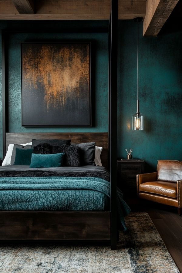 Industrial setting featuring moody teal accents with rustic, urban charm.