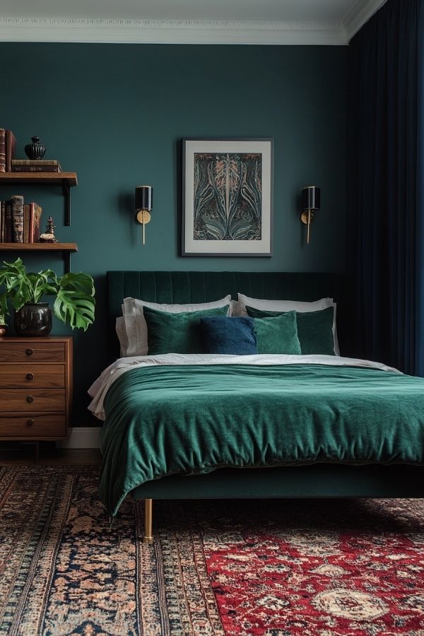 Teal chair with vintage patterns, wooden table, and decorative vase.