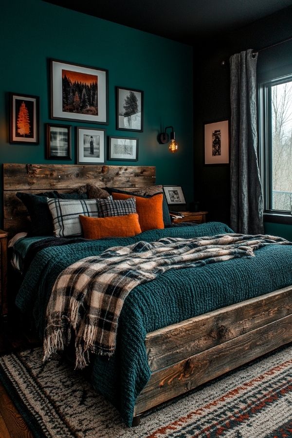 Teal-themed rustic cabin with cozy decor and natural wood elements.