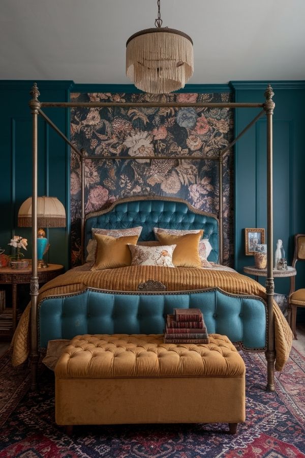 Luxurious dark teal canopy bed with elegant drapes and pillows.