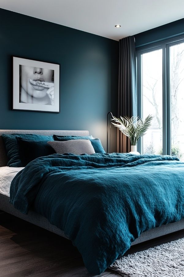 A cozy, modern teal bedroom with sleek furniture and decor.