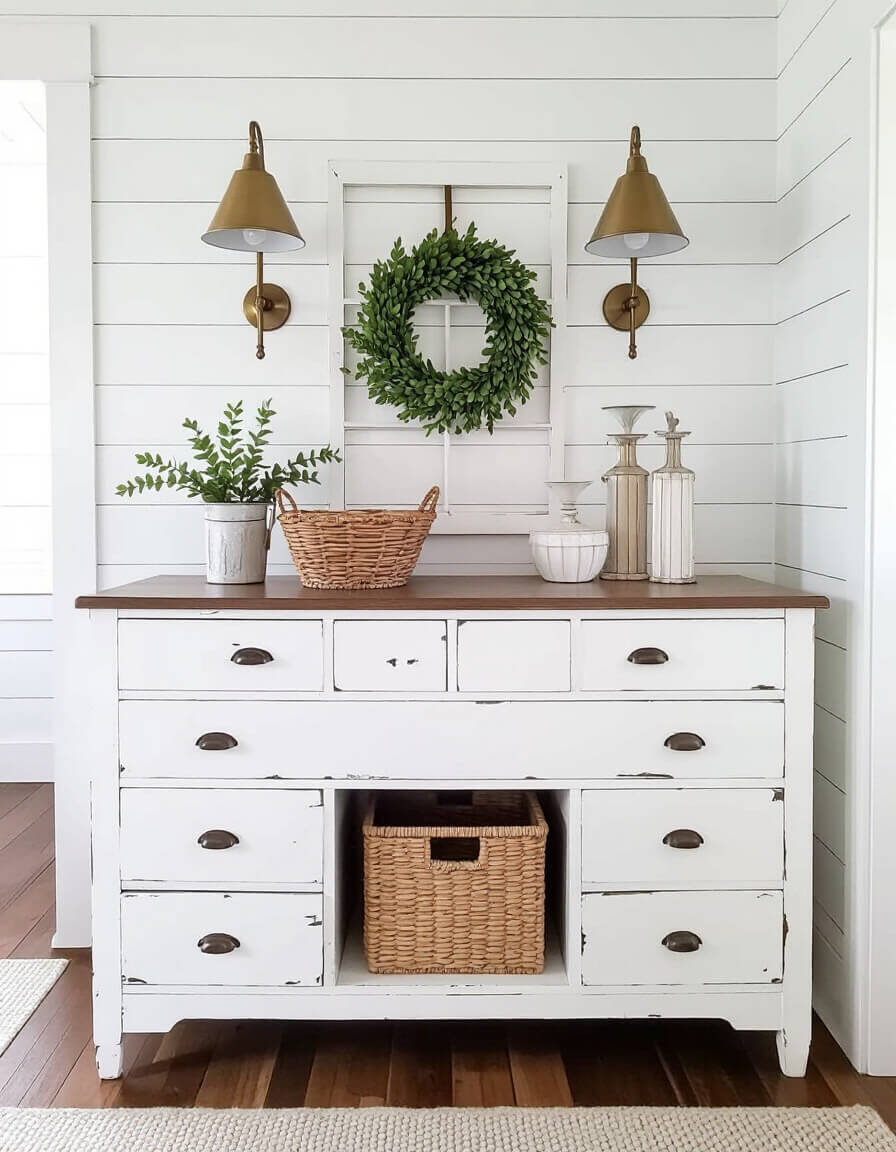 Distressed white painted dresser with sanded edges against shiplap walls in cozy farmhouse bedroom with vintage brass sconces