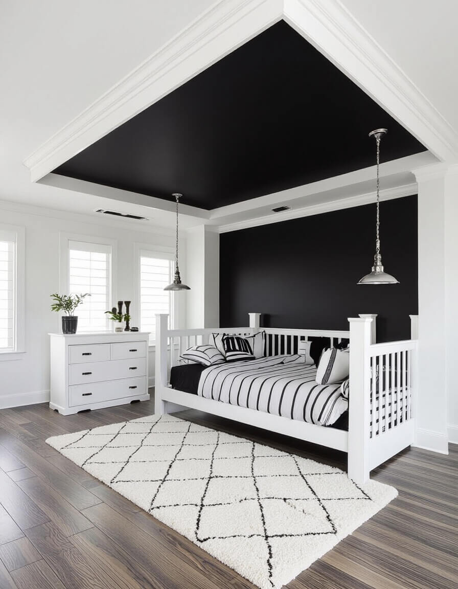 Modern bedroom featuring bold black painted ceiling contrasting with white walls and furniture in monochrome design scheme
