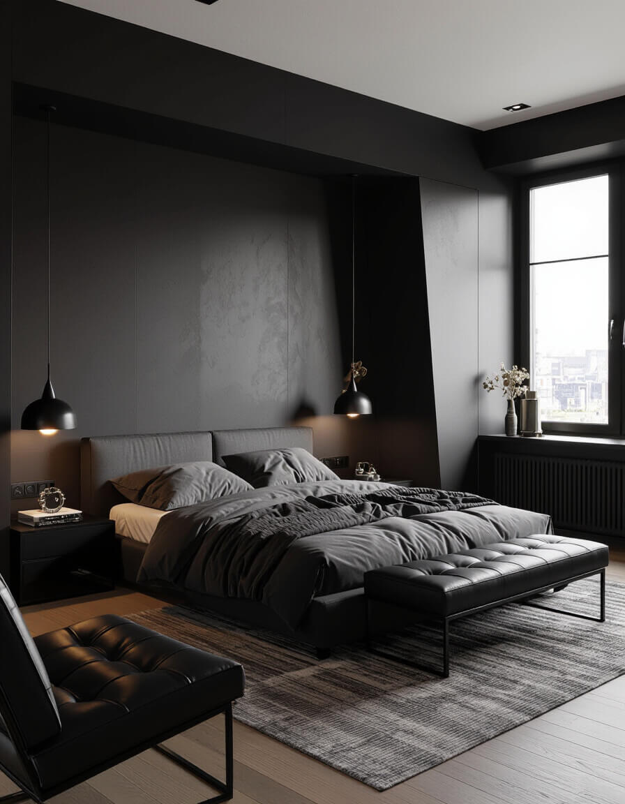 Modern bedroom showcasing dramatic black statement walls with charcoal bedding and sleek black leather seating in monochrome design