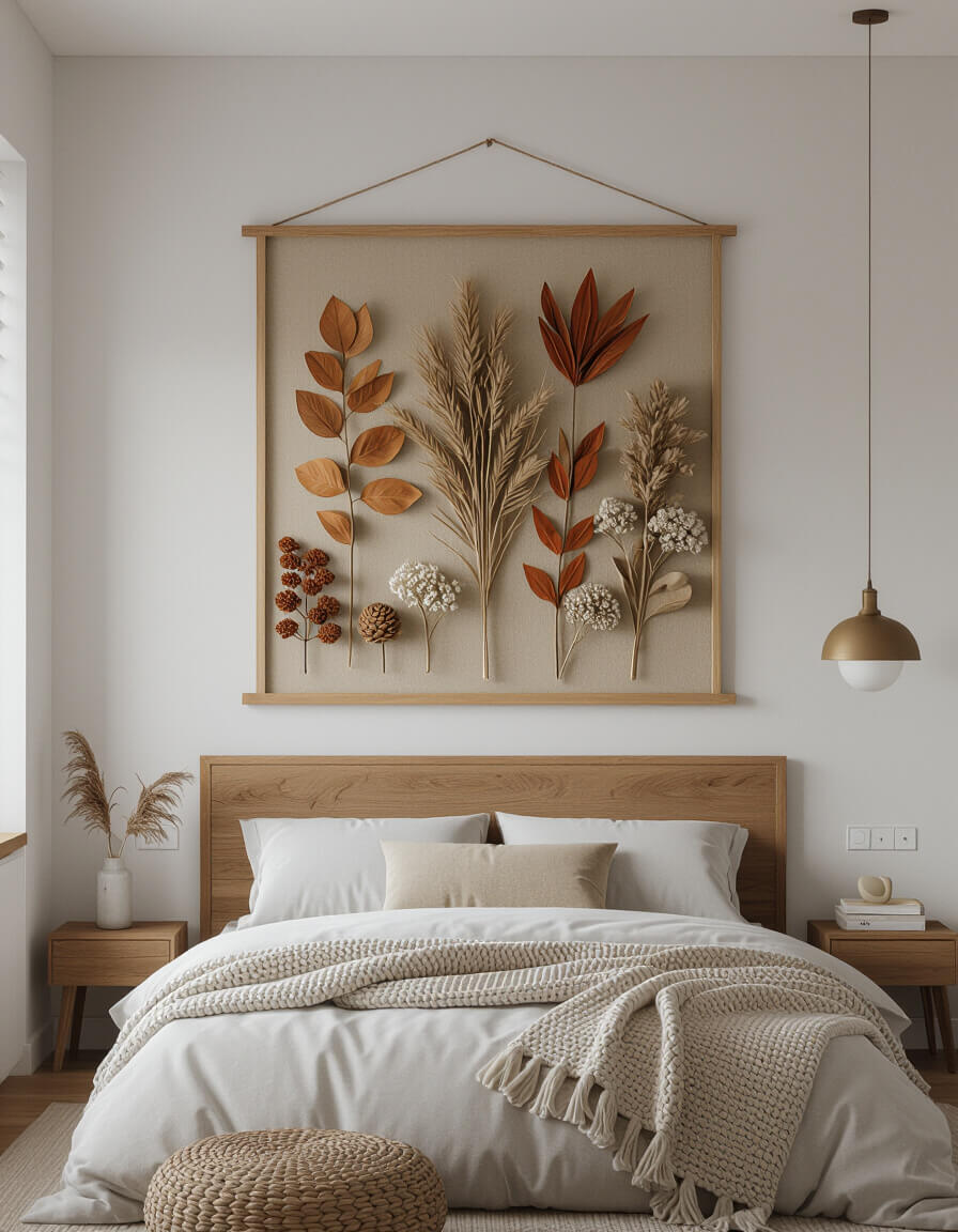 Dried eucalyptus branches and wheat stalks in wooden frames mounted on white bedroom wall above oak headboard creating minimalist fall decor