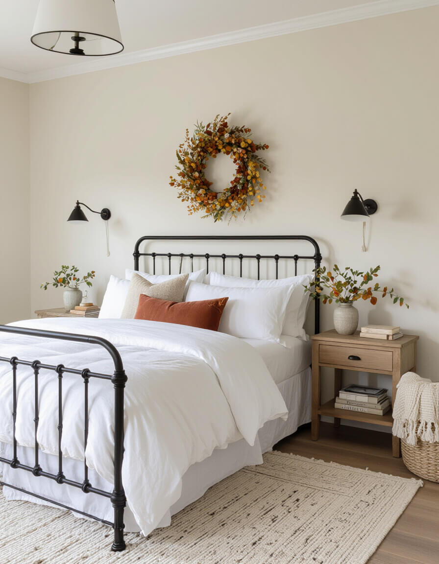 Dried floral wall arrangements above black iron bed create romantic fall atmosphere in cream bedroom with white linens